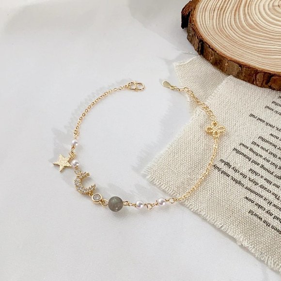 *NEW Gold Diamond Moonstone Pearl Star Bracelet - Picture 7 of 9
